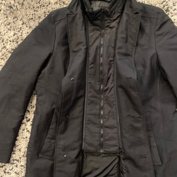 Strellson Mens Black lined Coat Jacket 46R XXL Switzerland concealed Hood - Picture 2 of 16